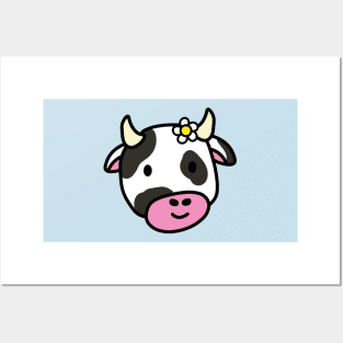 Cute cartoon dairy cow doodle with a daisy flower Posters and Art